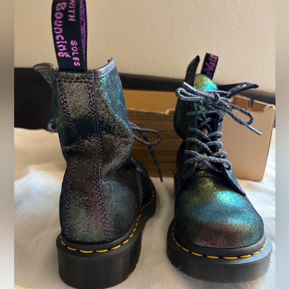 DOC MARTEN’S | Disco Iridescent Midnights Suede Leather Combat Lace Booties - Picture 2 of 7